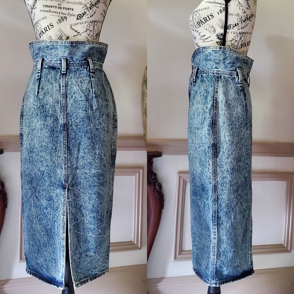 80s vintage Zena highrise acid wash denim pencil skirt - Picture 4 of 9